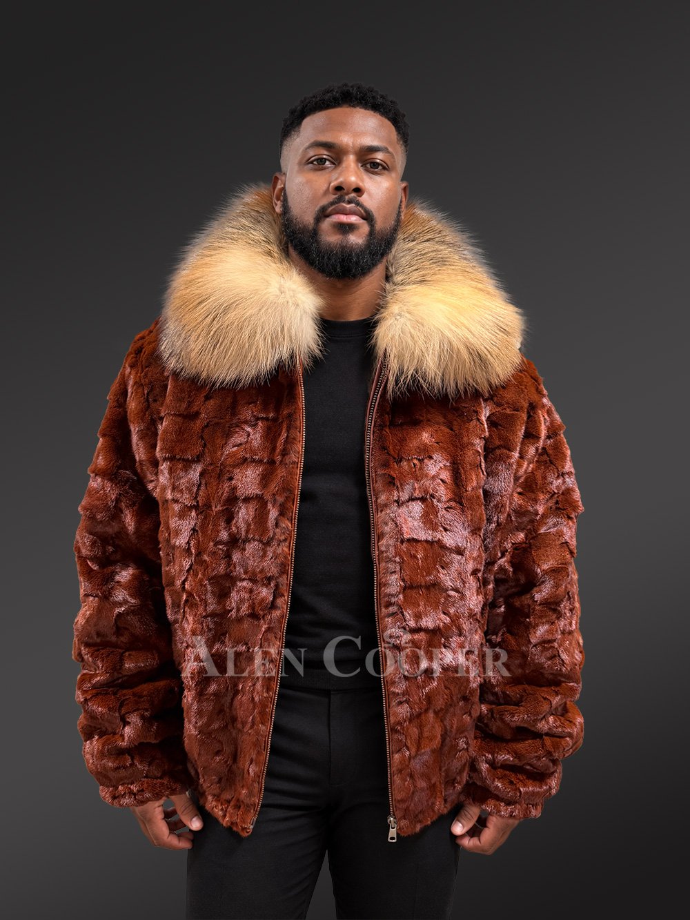 Men’s Classic Mink Bomber with Red Fox Fur Collar - Image 3