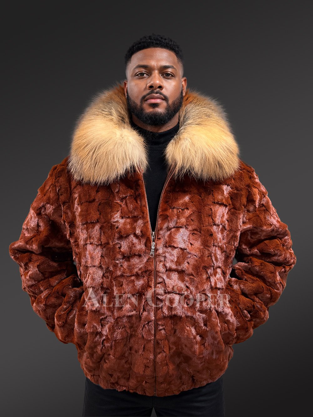 Men’s Classic Mink Bomber with Red Fox Fur Collar - Image 2