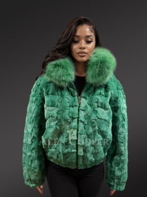 Green Mink Fur Bomber with Fox Collar