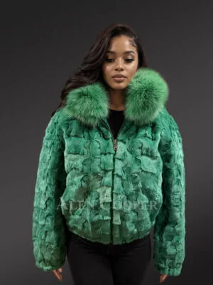 Green Mink Fur Bomber with Fox Collar