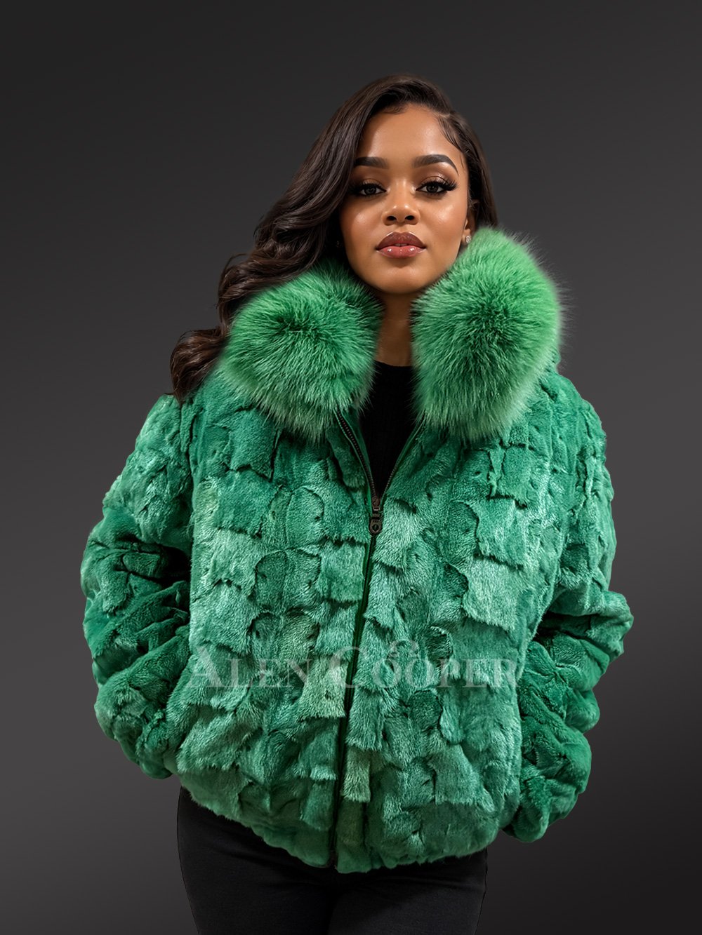 Women’s Green Mink Fur Bomber Jacket with Fox Fur Collar & Hood - Image 2