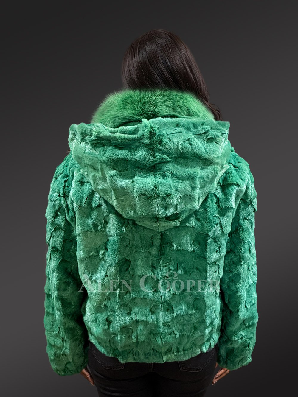 Women’s Green Mink Fur Bomber Jacket with Fox Fur Collar & Hood - Image 3