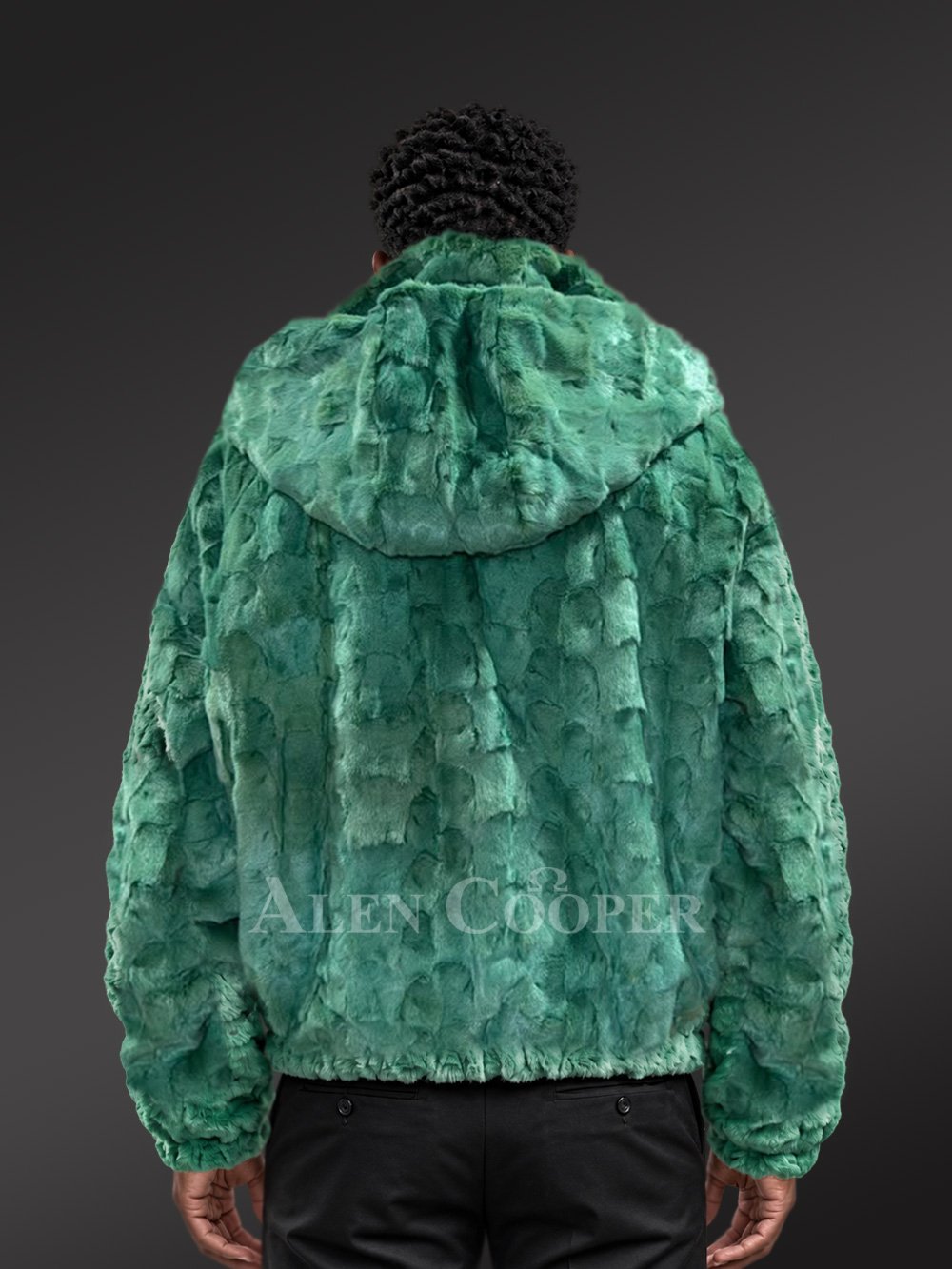 Men Mink Bomber with Hood in Green - Image 11
