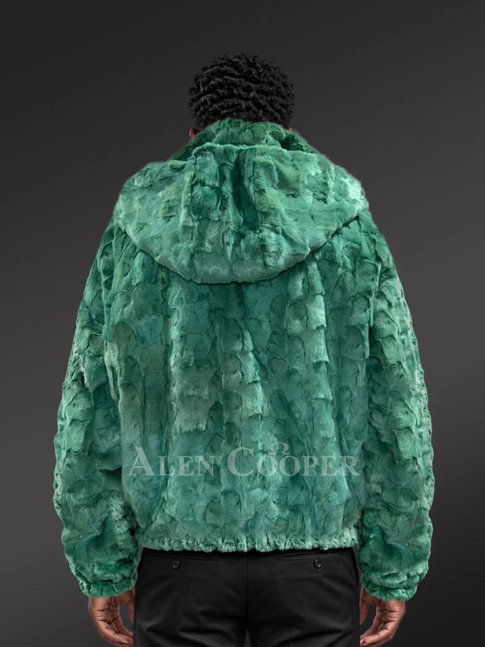 Men Mink Bomber with Hood in Green - Image 11