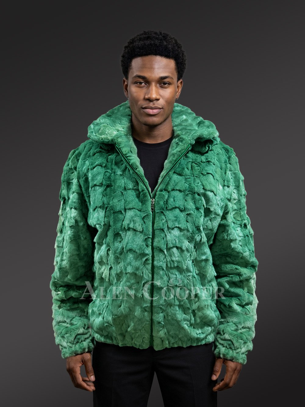 Men Mink Bomber with Hood in Green - Image 9
