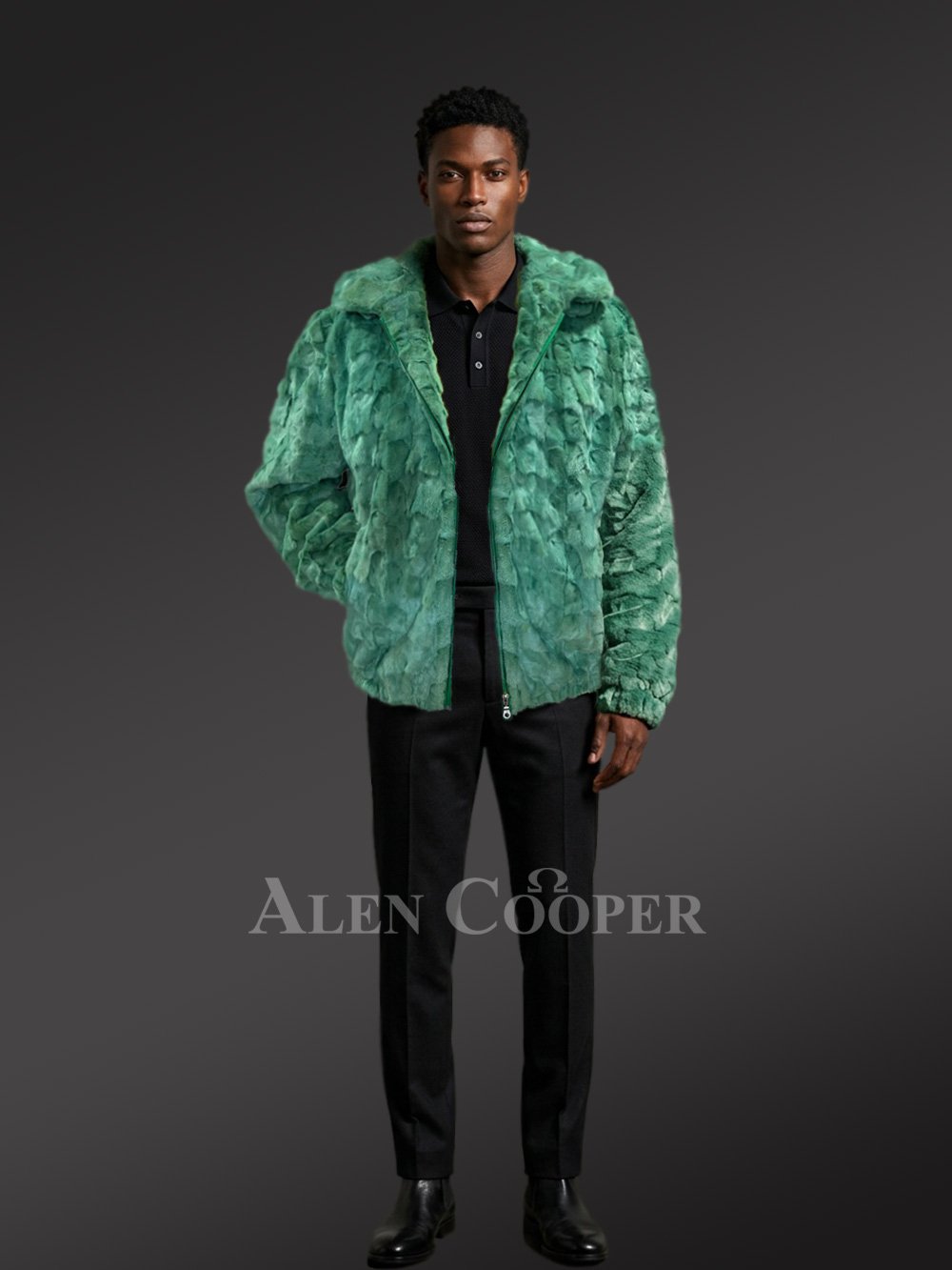 Men Mink Bomber with Hood in Green - Image 7