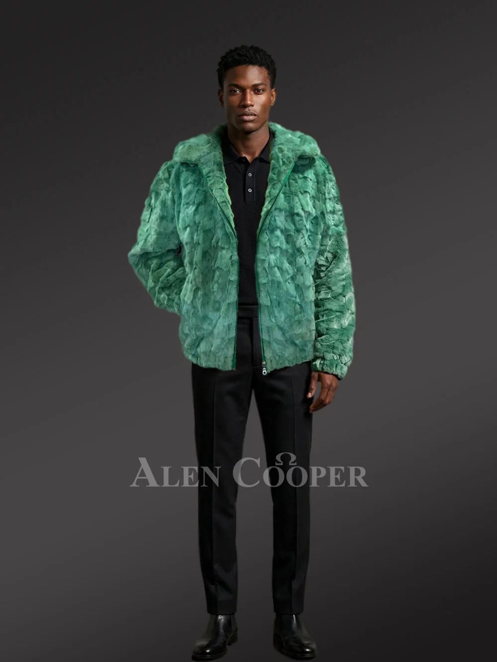 Men Mink Bomber with Hood in Green - Image 10
