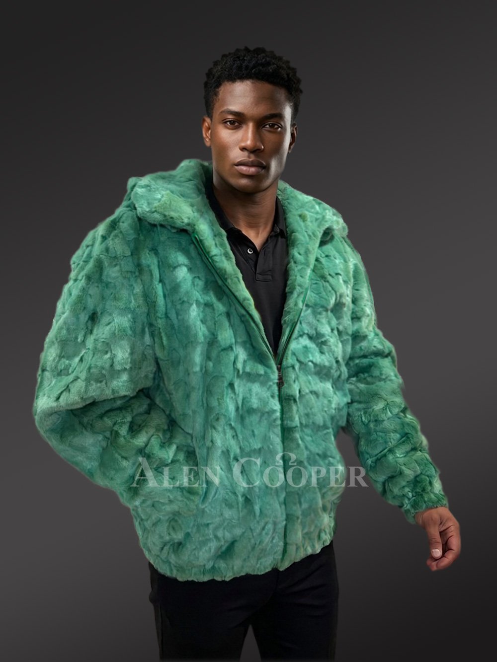 Men Mink Bomber with Hood in Green - Image 10