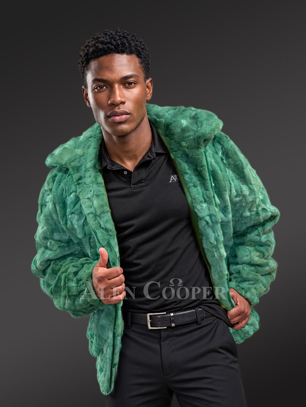 Men Mink Bomber with Hood in Green - Image 6