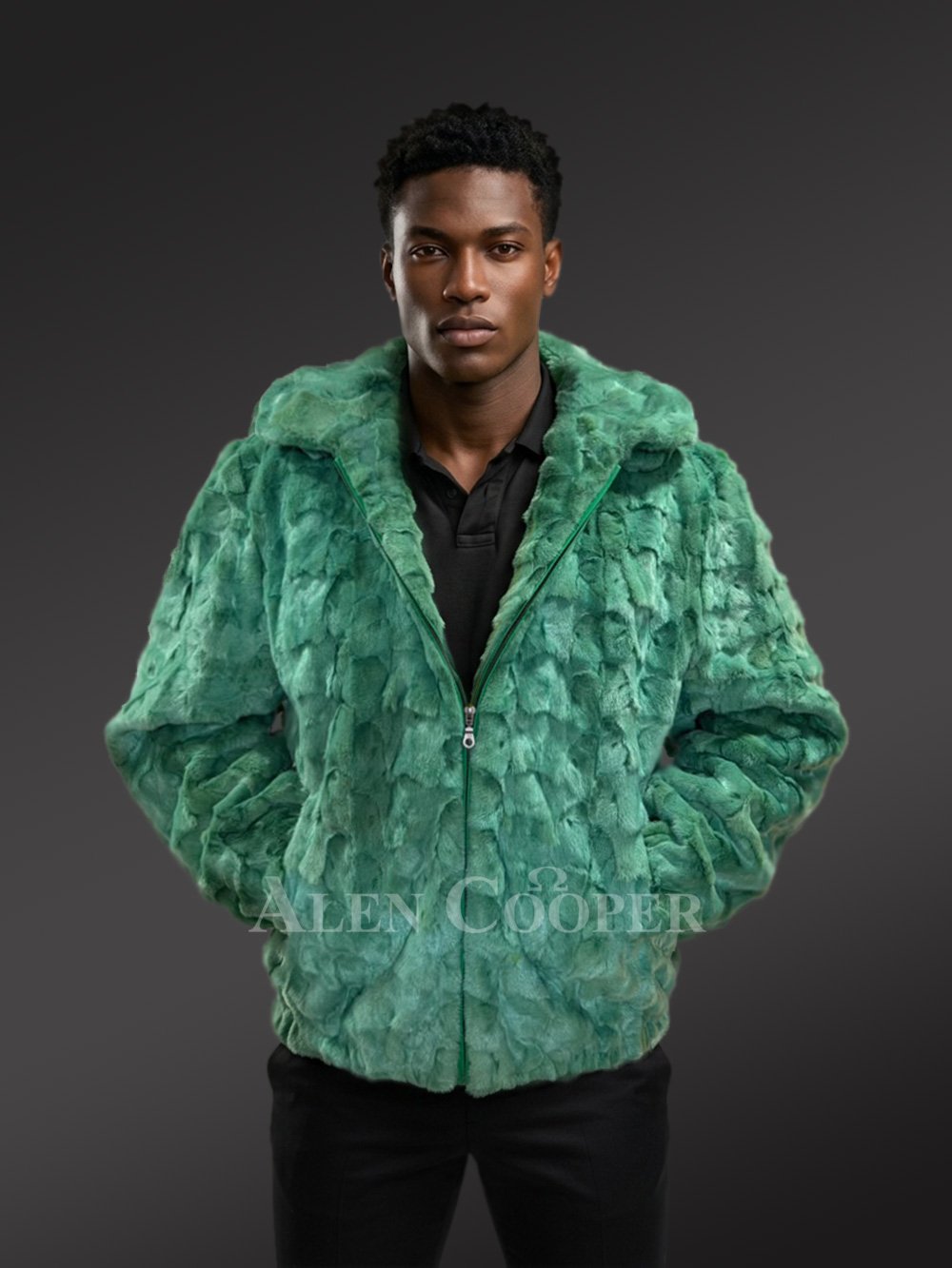 Men Mink Bomber with Hood in Green - Image 5