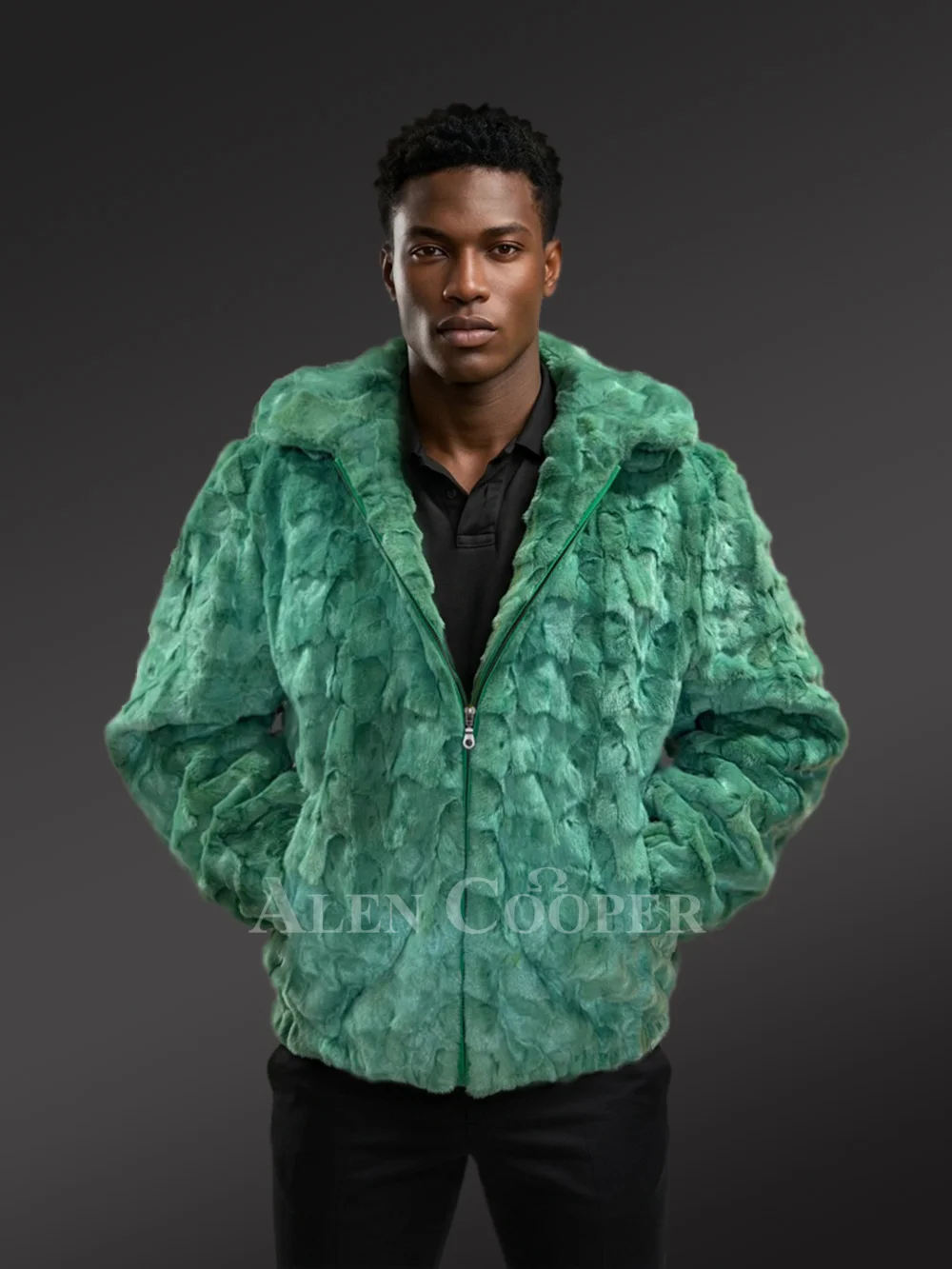 Men Mink Bomber with Hood in Green - Image 5