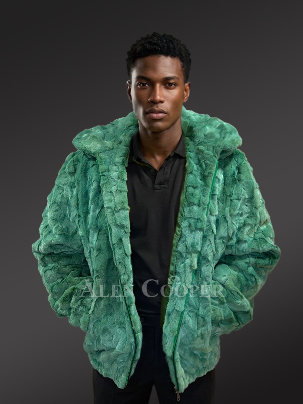 Men Mink Bomber with Hood in Green - Image 4