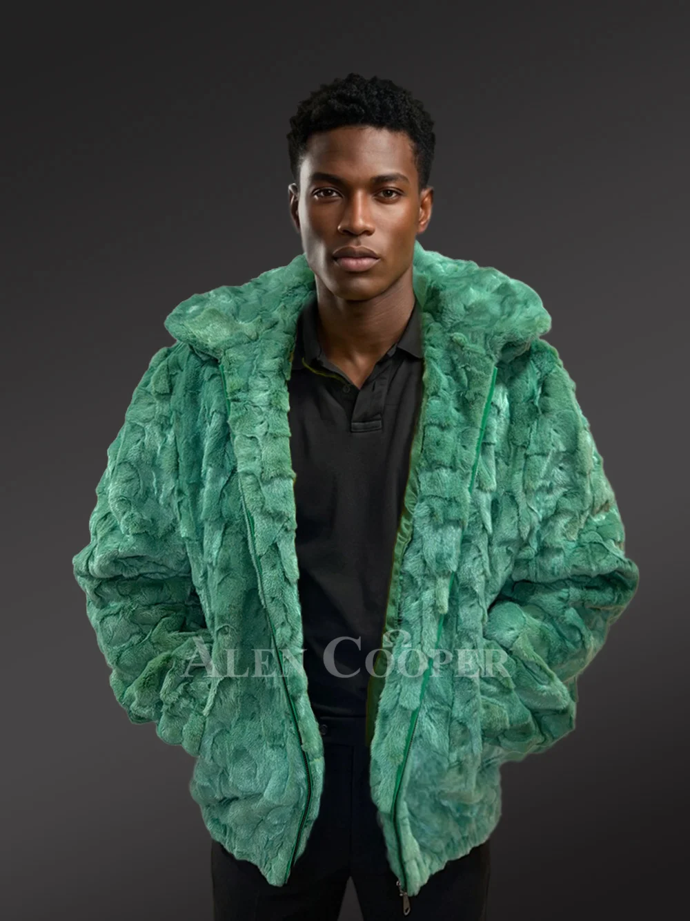 Men Mink Bomber with Hood in Green - Image 4