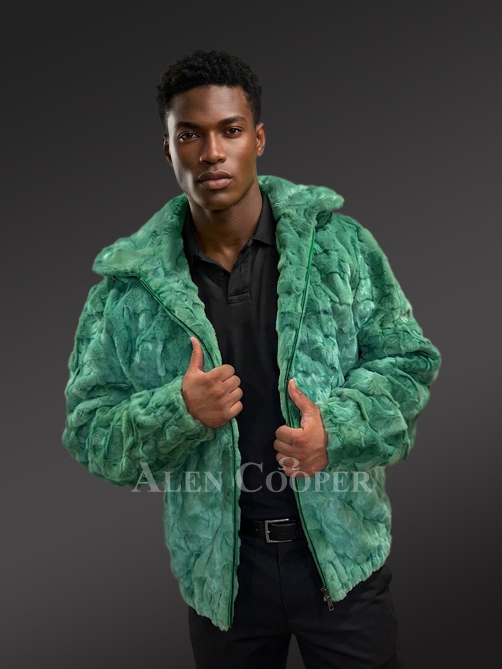 Men Mink Bomber with Hood in Green - Image 3