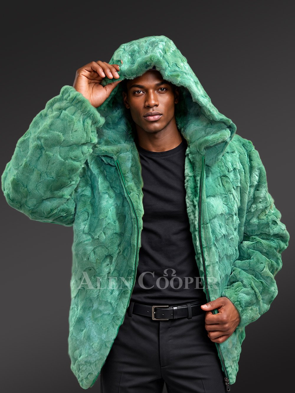 Men Mink Bomber with Hood in Green - Image 2