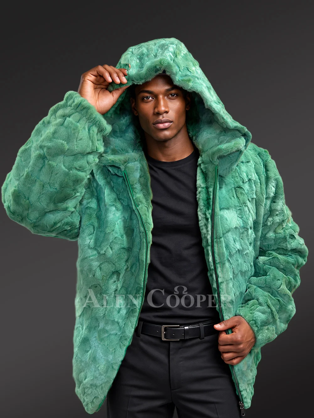 Men Mink Bomber with Hood in Green - Image 2