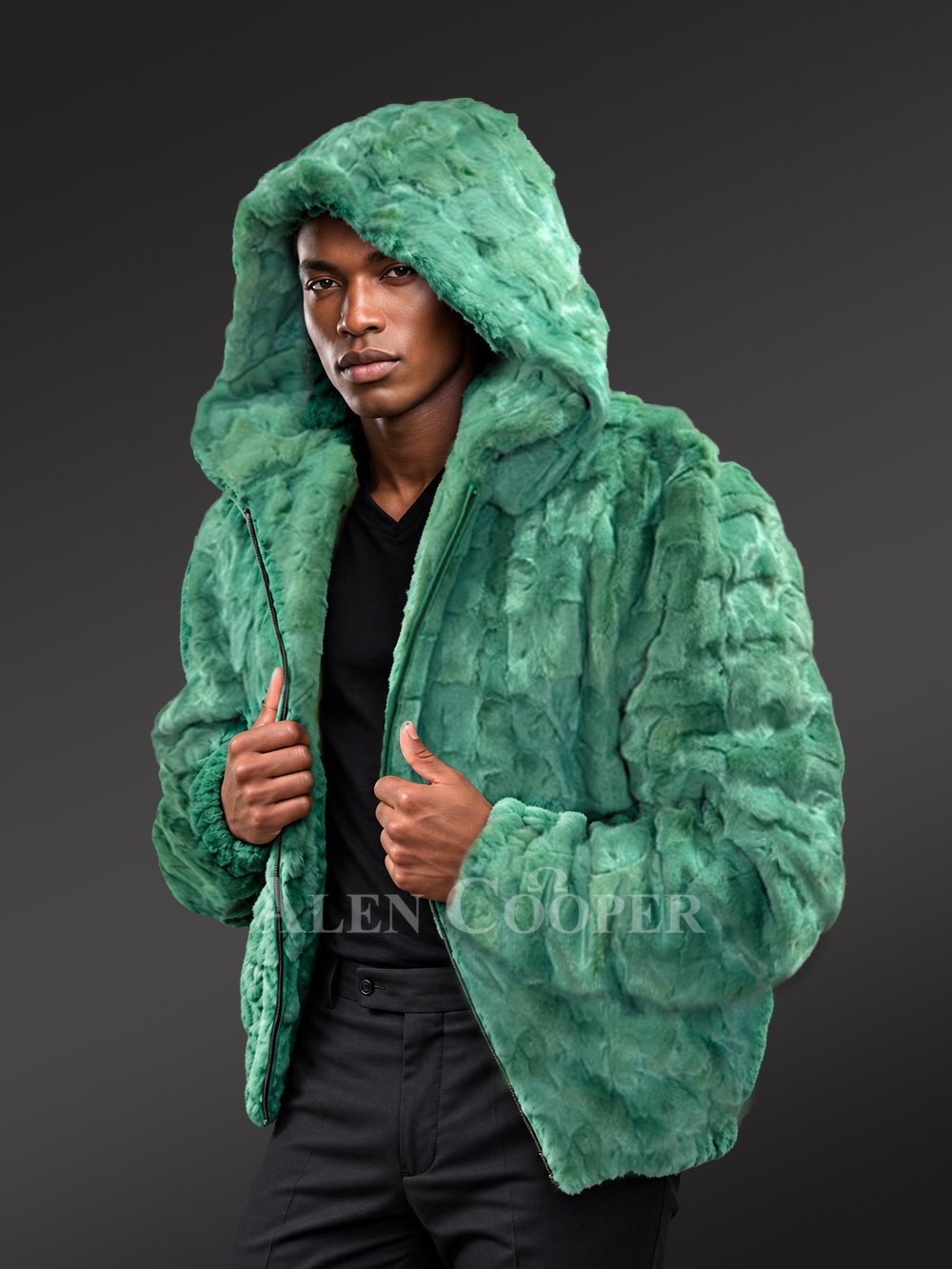 Men Mink Bomber with Hood in Green - Image 8