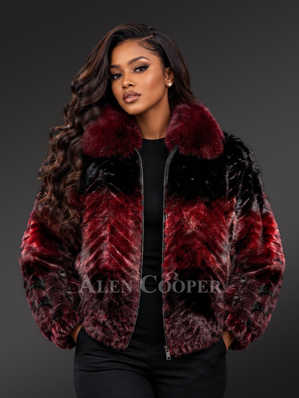 Women’s Herringbone Mink Bomber Jacket with Fox Fur Collar - Image 2