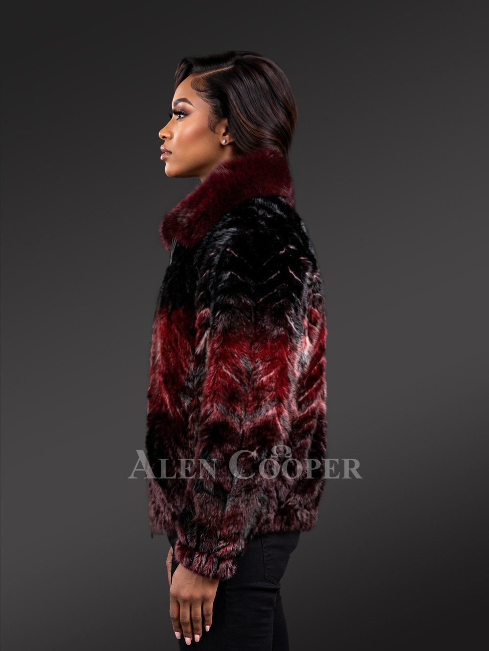 Women’s Herringbone Mink Bomber Jacket with Fox Fur Collar - Image 3