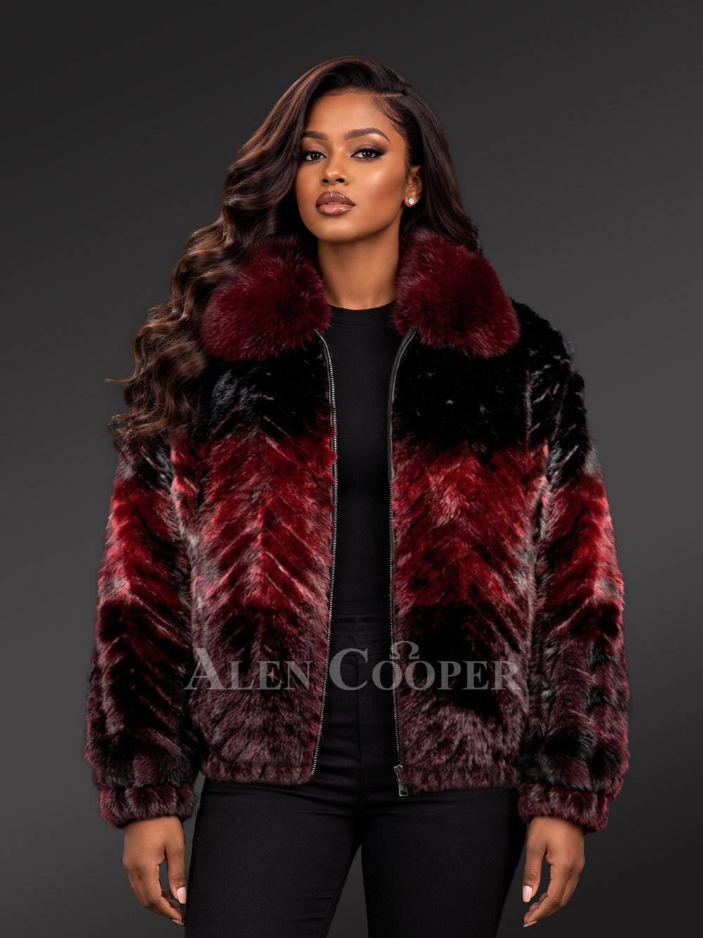 Women’s Herringbone Mink Bomber Jacket with Fox Fur Collar