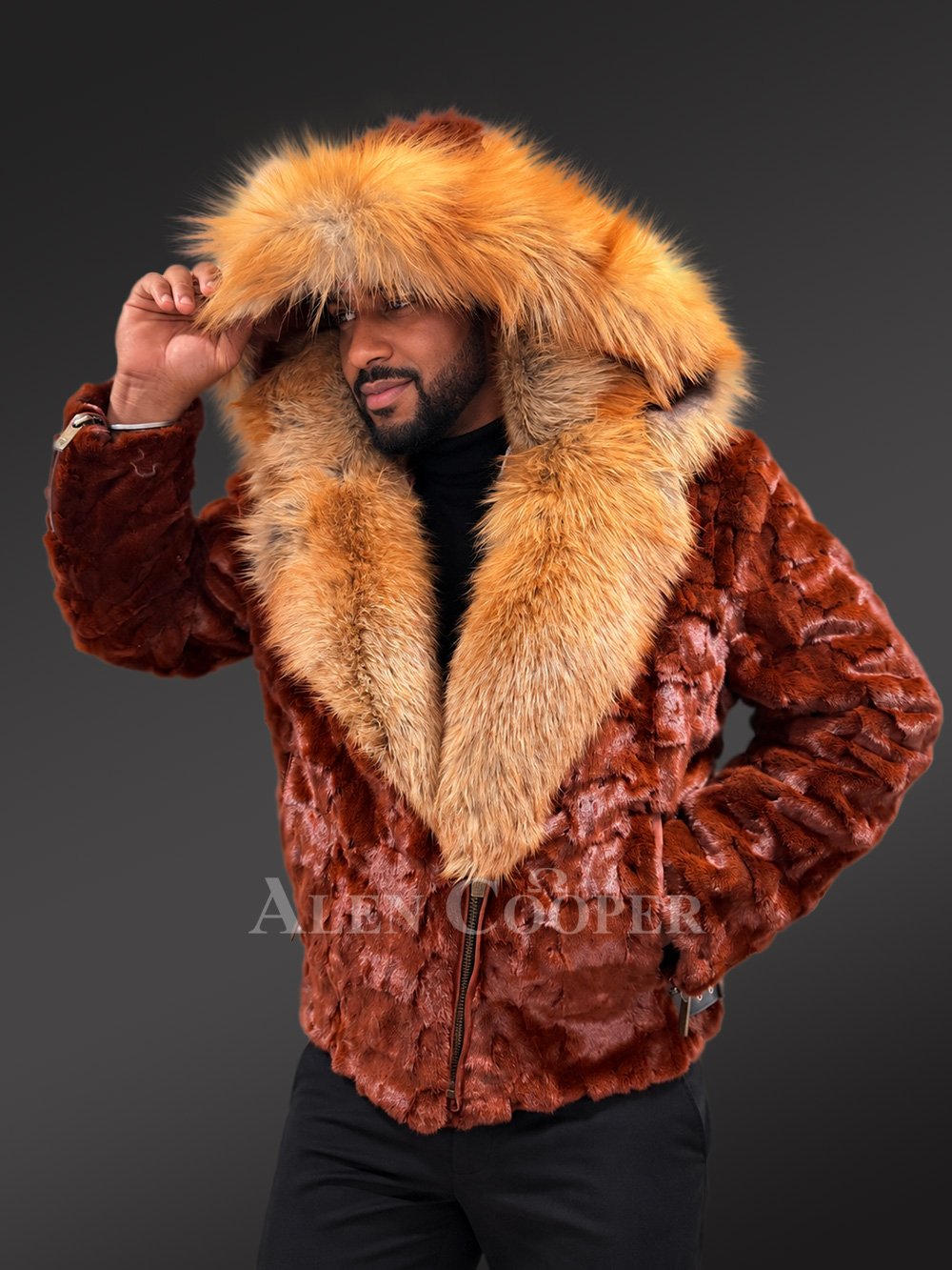 Men’s Mink Biker Jacket with Red Fox Fur Trims - Image 3