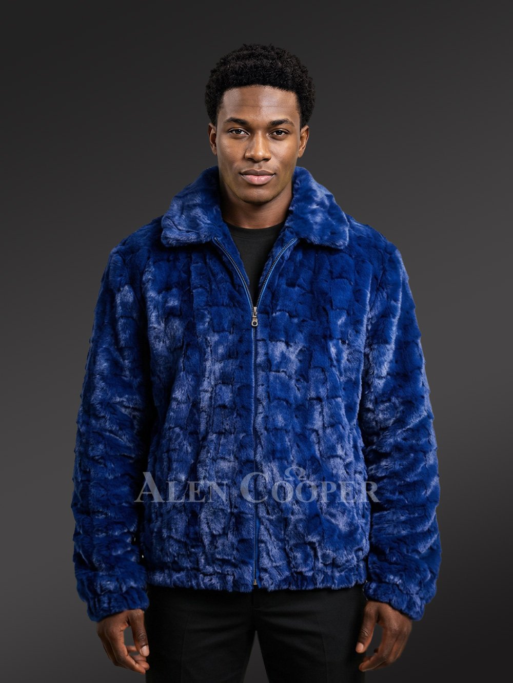 Men’s Hooded Mink Bomber Jacket in Royal Blue - Image 5