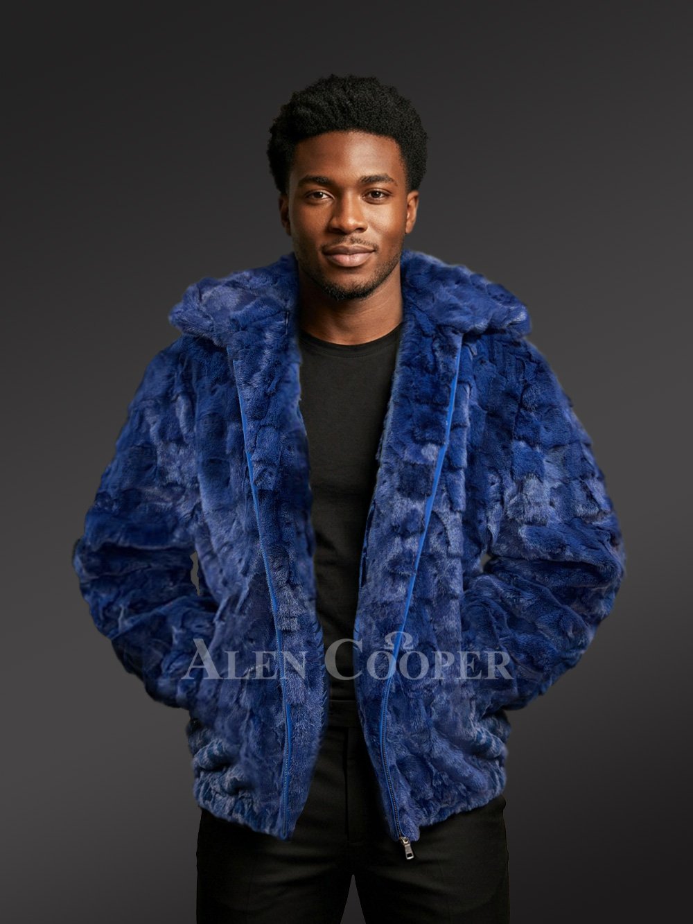 Men’s Hooded Mink Bomber Jacket in Royal Blue - Image 6