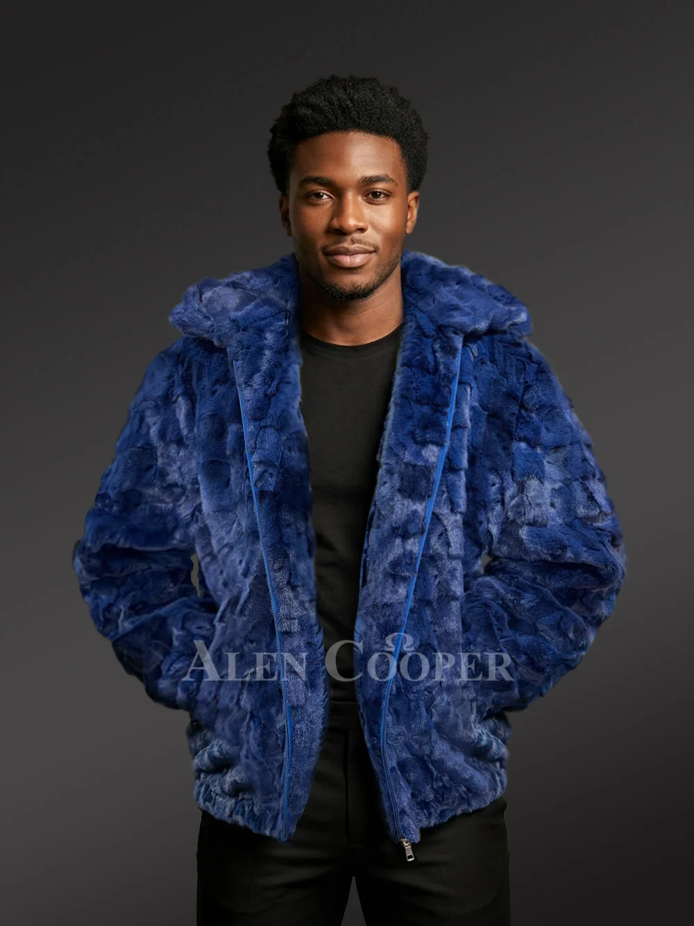 Men’s Hooded Mink Bomber Jacket in Royal Blue - Image 6