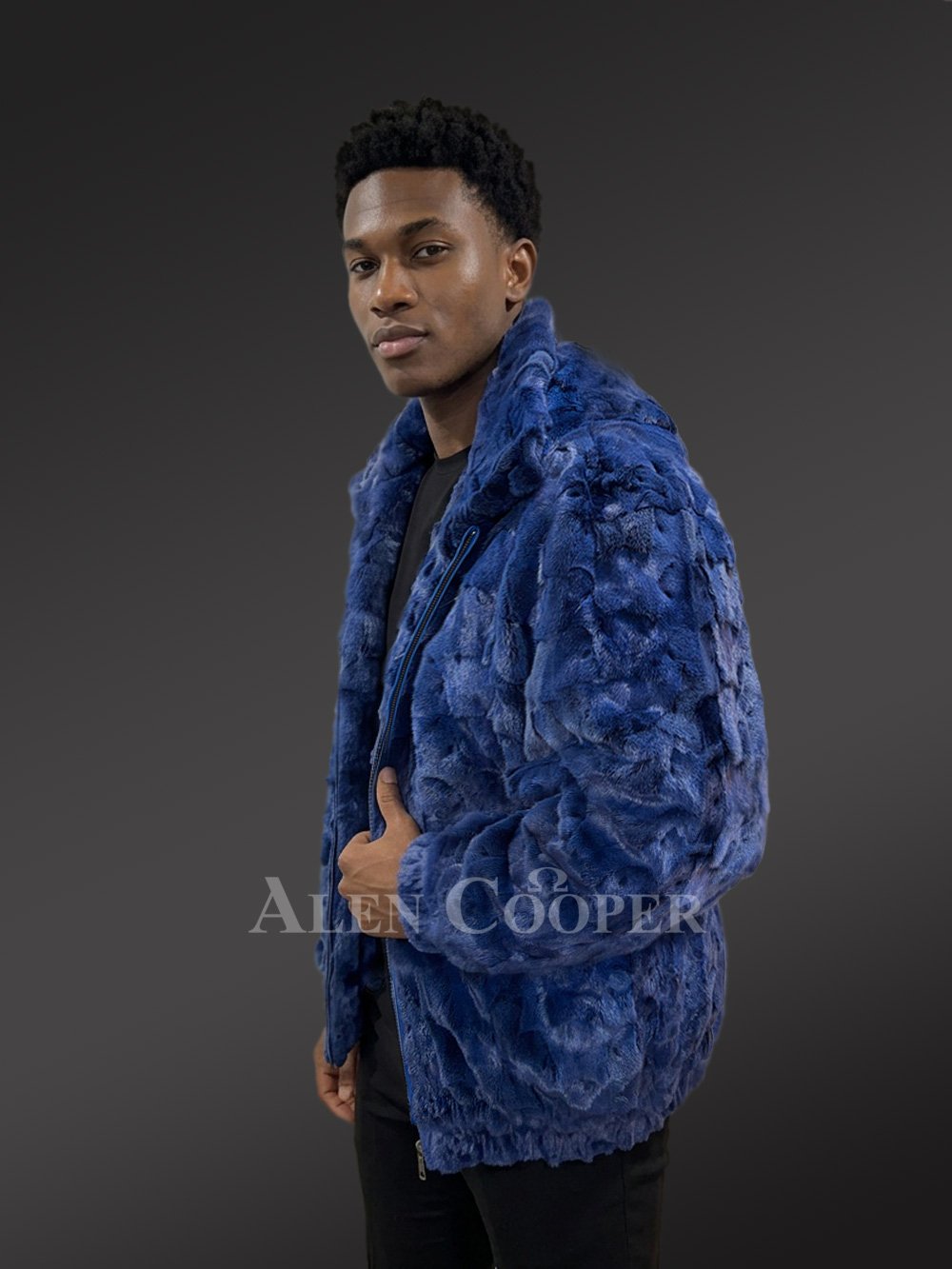 Men’s Hooded Mink Bomber Jacket in Royal Blue - Image 8