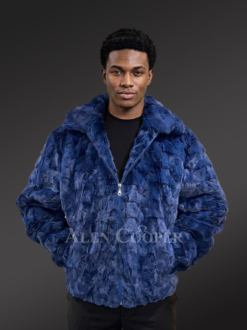 Men’s Hooded Mink Bomber Jacket in Royal Blue - Image 3