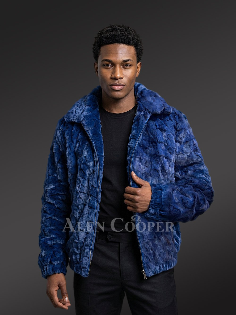 Men’s Hooded Mink Bomber Jacket in Royal Blue - Image 2