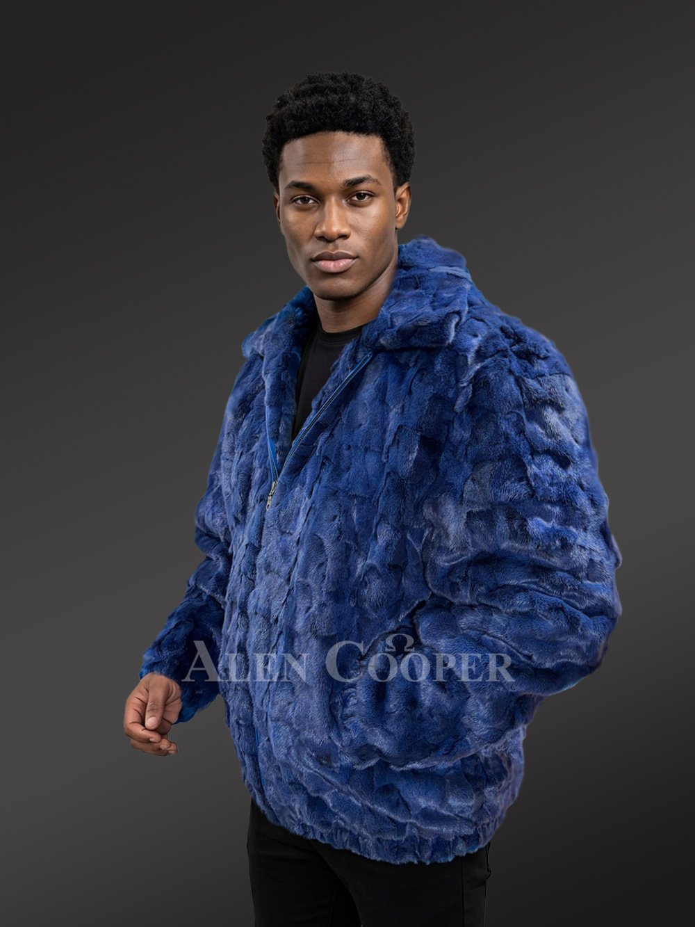 Men’s Hooded Mink Bomber Jacket in Royal Blue - Image 7