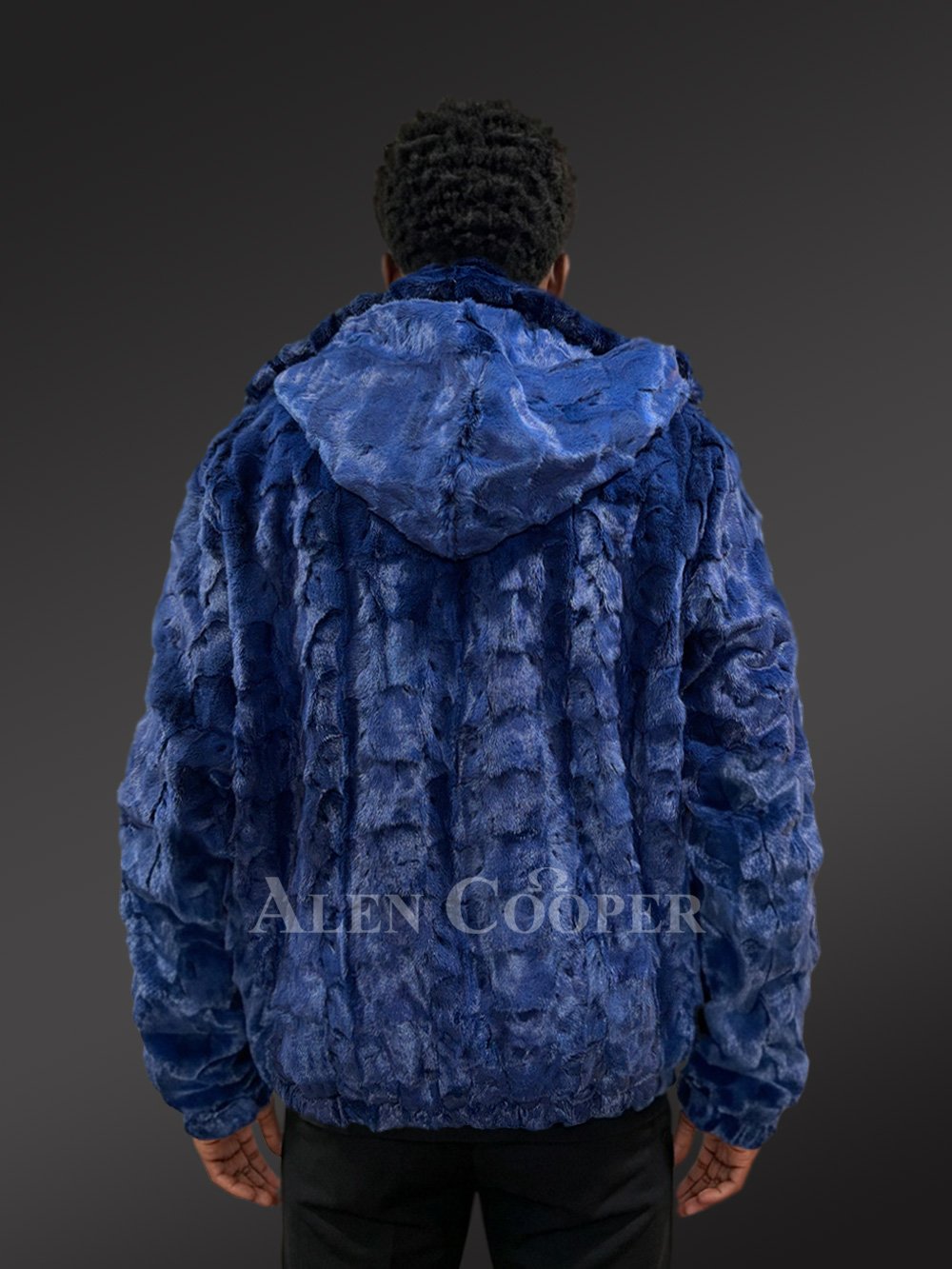 Men’s Hooded Mink Bomber Jacket in Royal Blue - Image 9