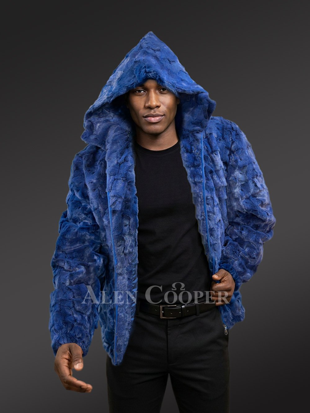 Men’s Hooded Mink Bomber Jacket in Royal Blue - Image 4