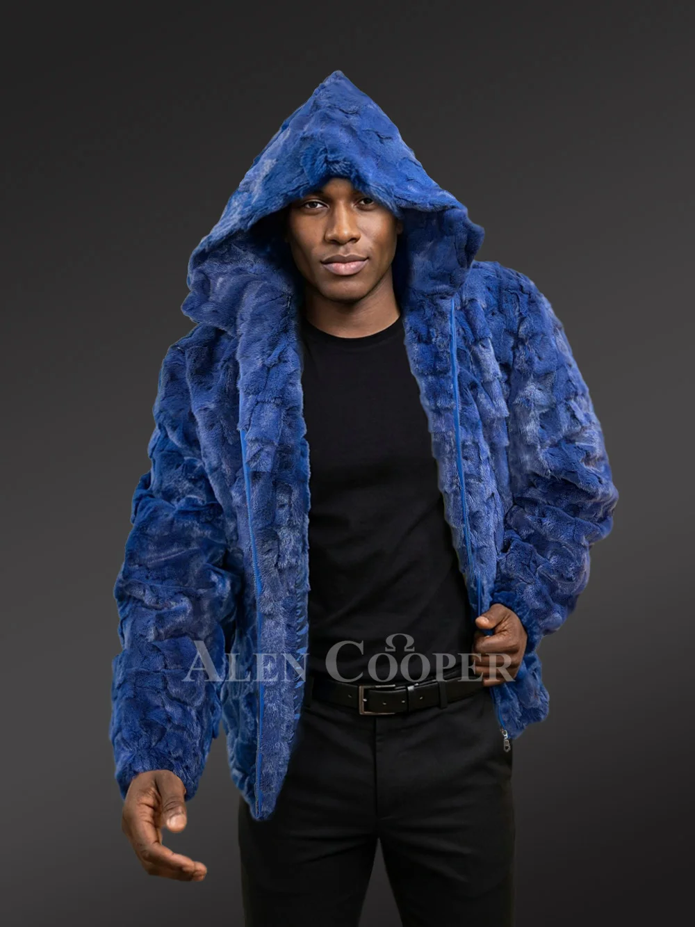 Men’s Hooded Mink Bomber Jacket in Royal Blue - Image 4