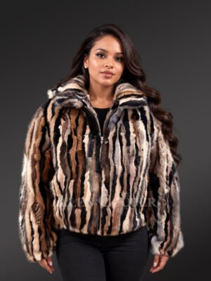 Multi Color Mink Bomber Jacket with Hood