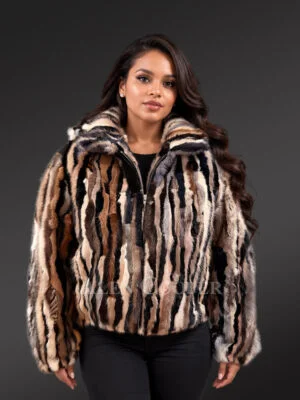 Multi Color Mink Bomber Jacket with Hood