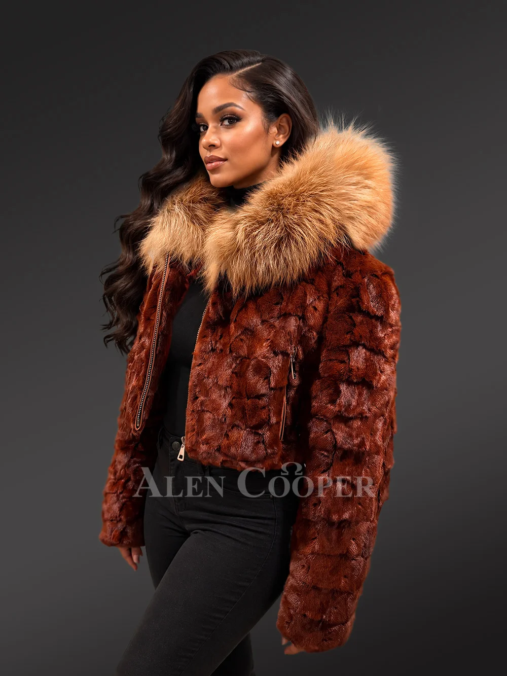 Women's Short Length Mink Jacket with Hood | Alen Cooper