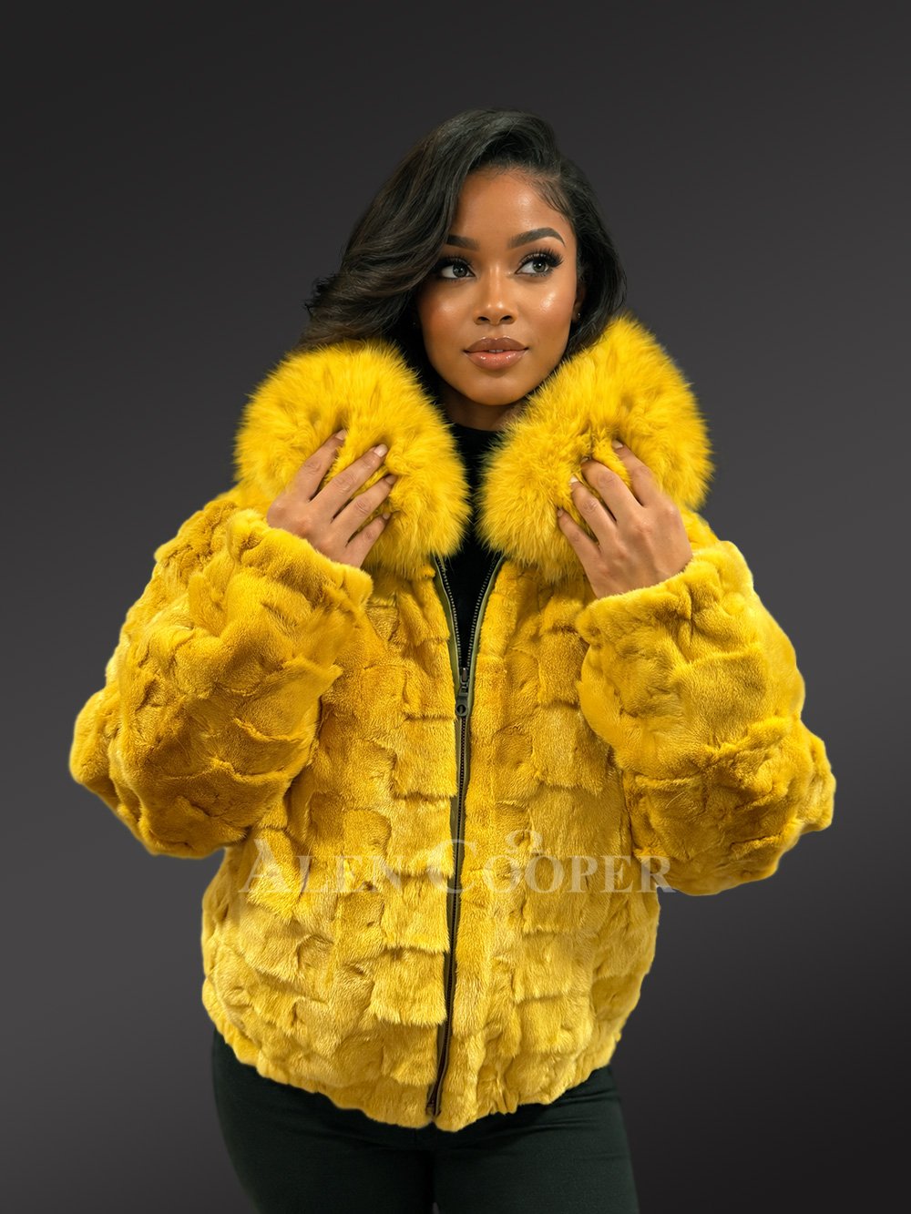 Women’s Yellow Mink Fur Bomber Jacket with Fox Fur Collar & Hood - Image 3