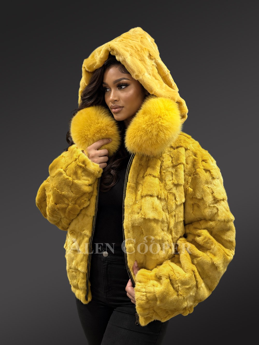 Women’s Yellow Mink Fur Bomber Jacket with Fox Fur Collar & Hood - Image 2