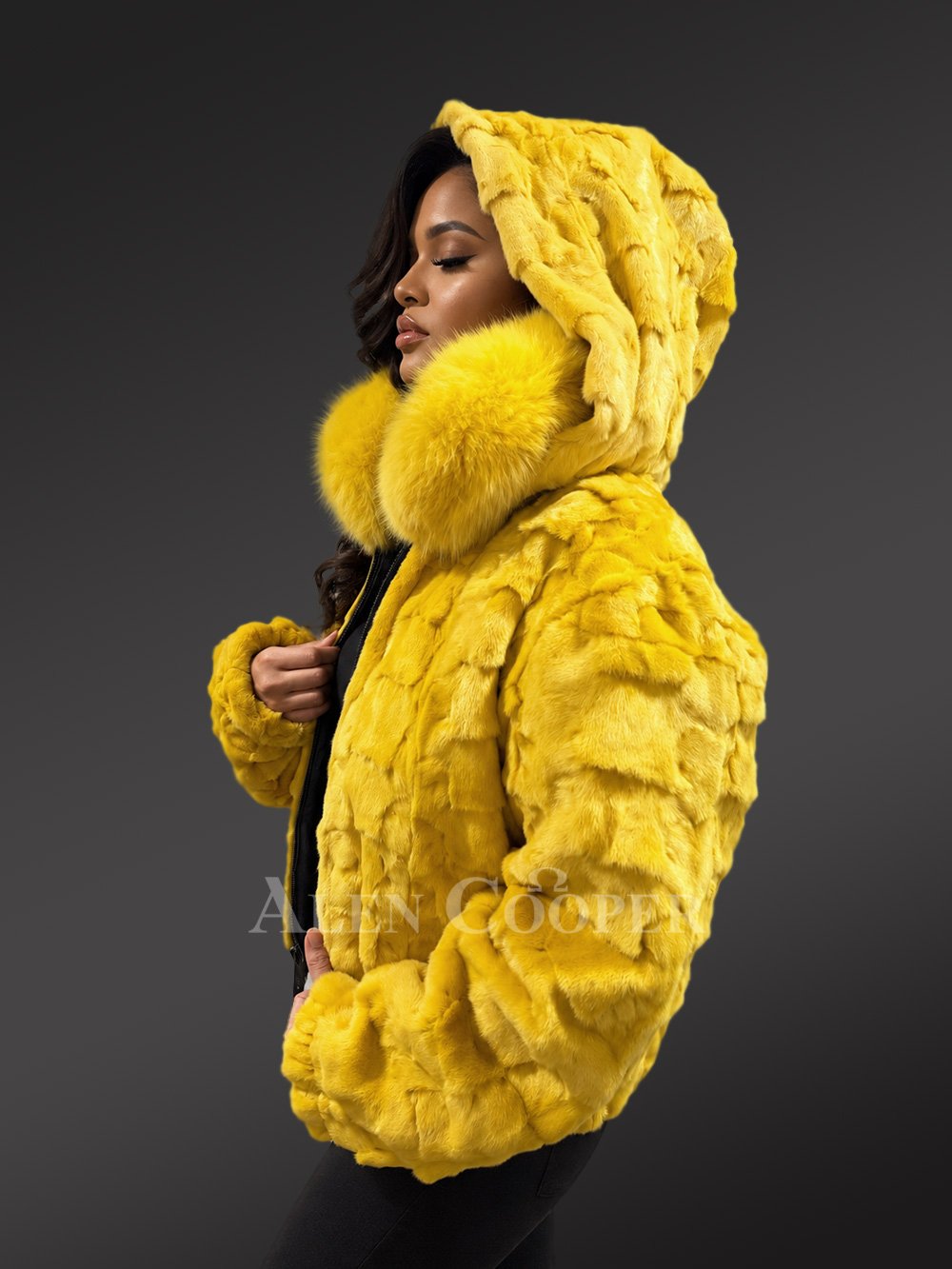 Women’s Yellow Mink Fur Bomber Jacket with Fox Fur Collar & Hood - Image 4