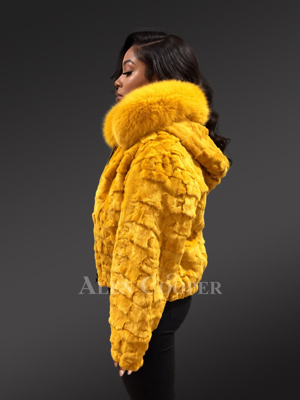 Women’s Yellow Mink Fur Bomber Jacket with Fox Fur Collar & Hood - Image 5