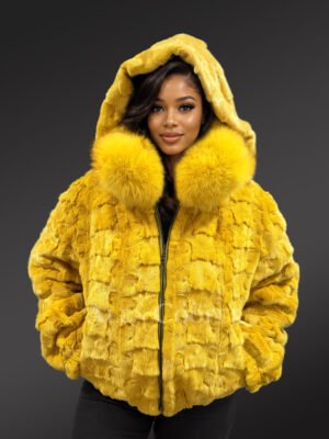 Yellow Mink Fur Bomber with Fox Collar