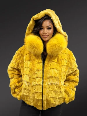 Yellow Mink Fur Bomber with Fox Collar