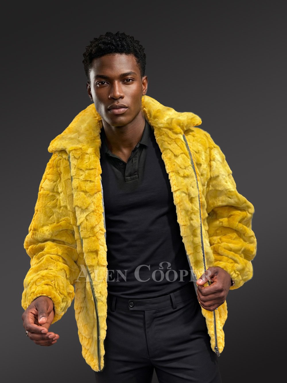 Men’s Yellow Mink Fur Hooded Bomber Jacket - Image 8