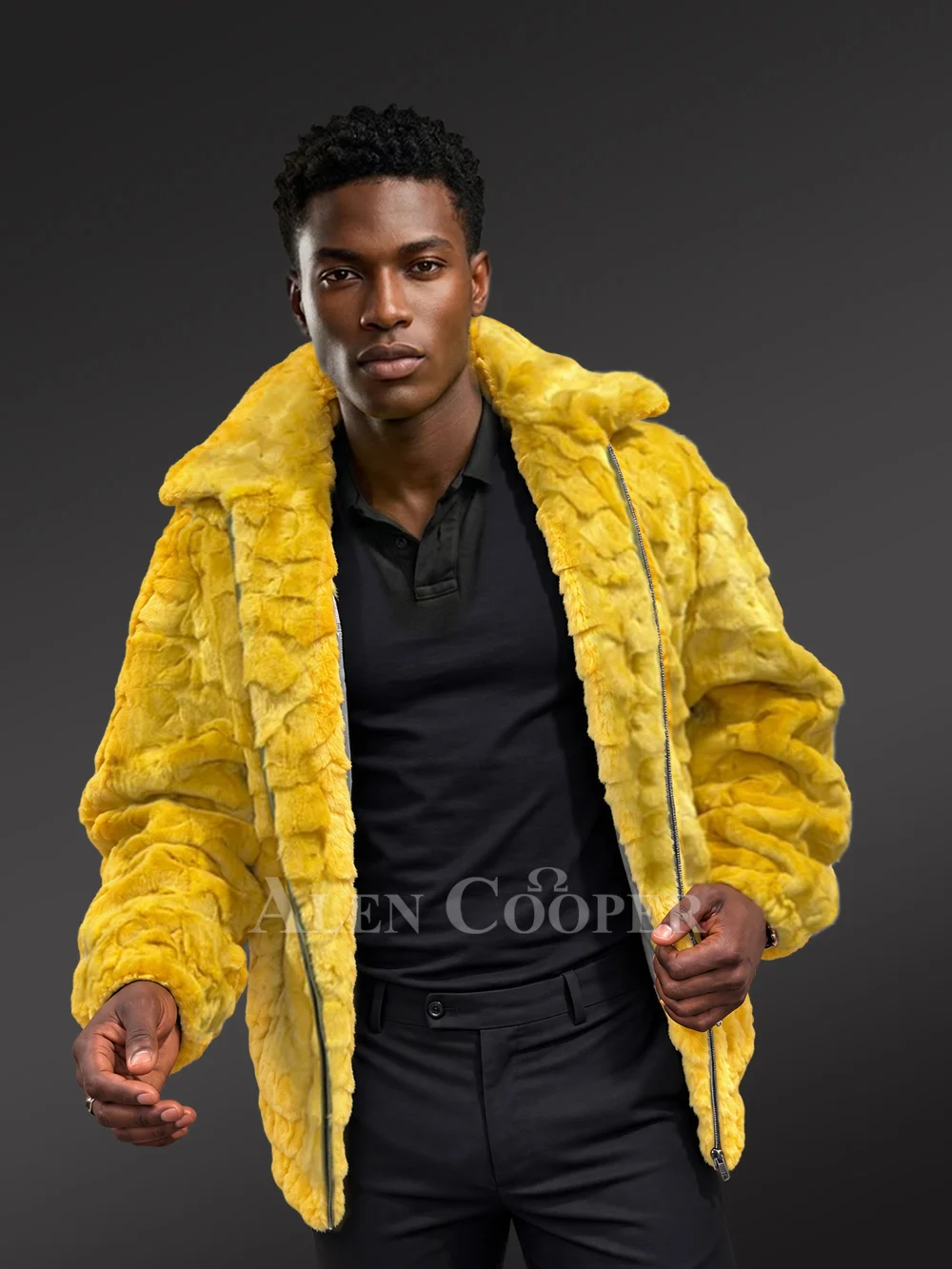 Men’s Yellow Mink Fur Hooded Bomber Jacket - Image 8