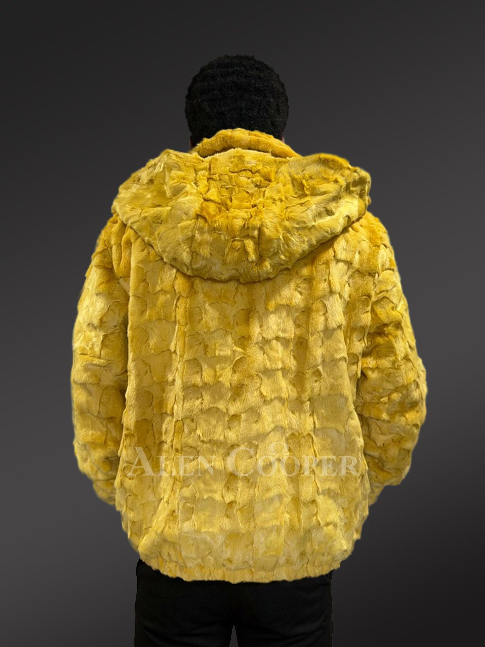 Men’s Yellow Mink Fur Hooded Bomber Jacket - Image 9