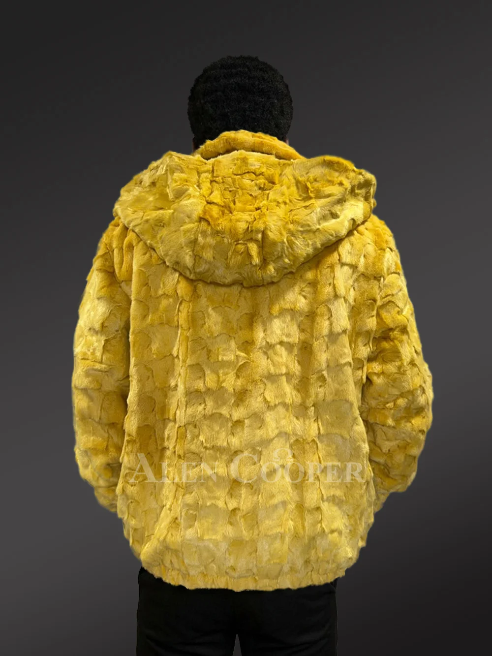 Men’s Yellow Mink Fur Hooded Bomber Jacket - Image 9