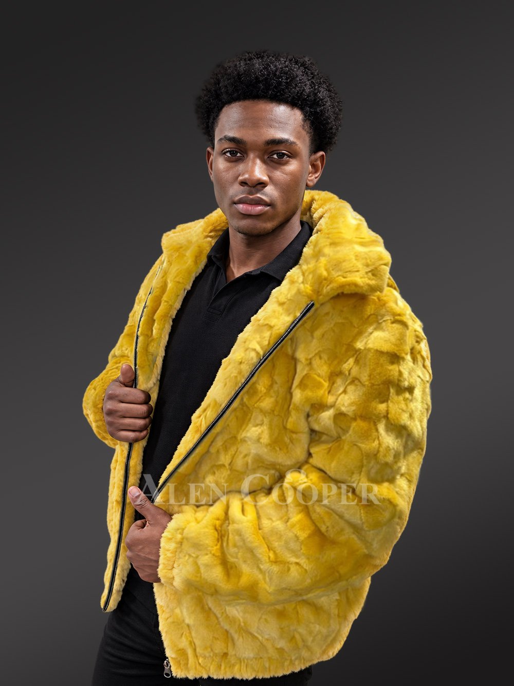 Men’s Yellow Mink Fur Hooded Bomber Jacket - Image 5