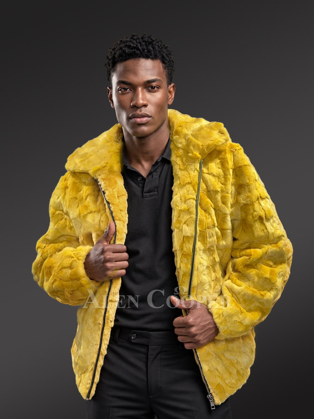 Men’s Yellow Mink Fur Hooded Bomber Jacket - Image 4